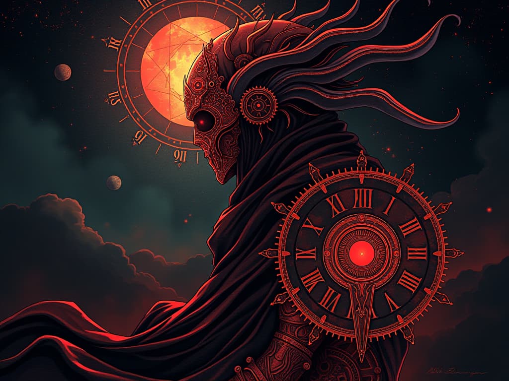  clockwork gears and celestial maps, alluding to a grand divine plan, air of purposeful design. the style is digital art illustration / modern comic book / graphic dark novel fantasy and mysterious occult, symbolic, moody lighting, esoteric vibe,high detail on character design. for the color scheme emphasize blacks and reds.