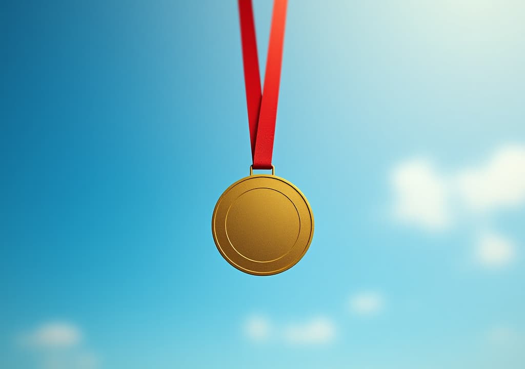  gold medal hanging in the blue sky, winner against blue sky background copy space, sports, winning, achievement, game, sports business, success concept