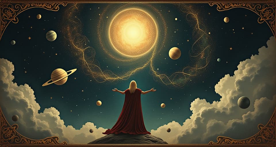  a cosmic scene with a central figure among the stars, holding a celestial orb, planets and galaxies swirling around, ethereal light illuminating the figure, vastness, grandeur, enlightenment. an illustration in the style of a worn, mystical old tarot trump card, mysterious and elements of surrealism. the colors are muted, somber and eerie, but with contrast bring out an occult and esoteric vibe.