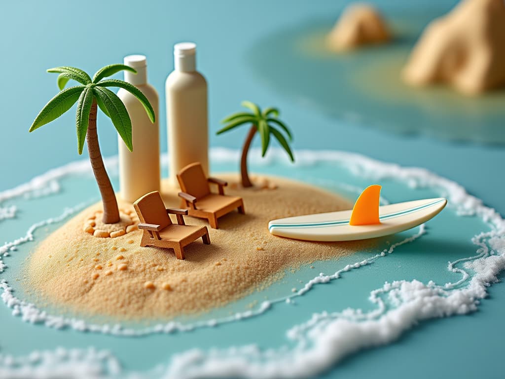  a tiny beach scene with a mat island, complete with sand made from salts, mini lounge chairs crafted from soap pieces, and a surfboard riding the "waves" of water, with sunscreen bottles acting as distant cliffs.