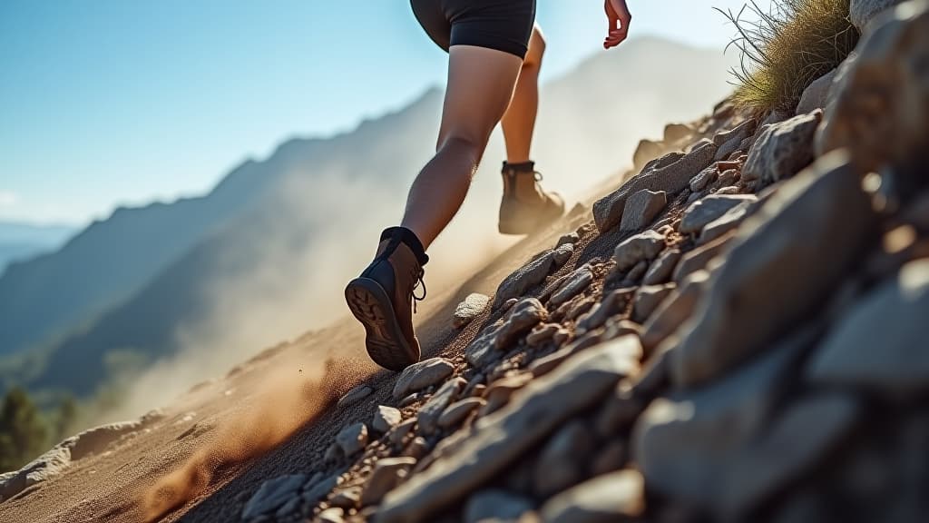  a hiker climbs a steep rocky hill wearing hiking boots, leaving a trail of dust in their wake as they make their way over the difficult terrain with perseverance and drive,