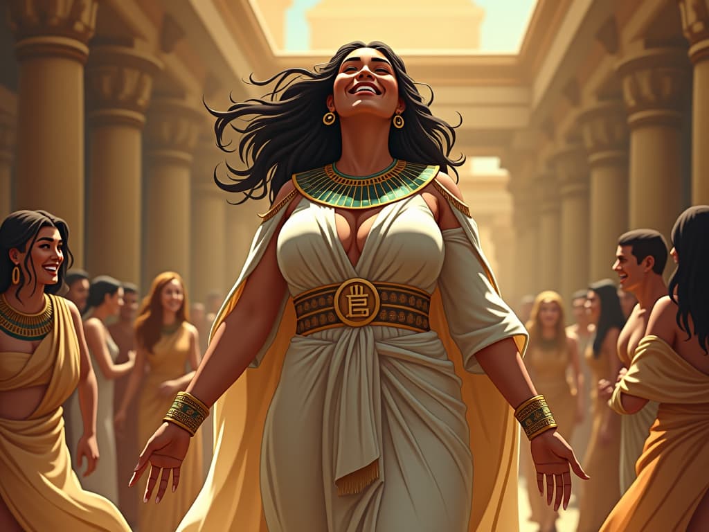  a large busted woman in light, flowing attire, standing in an ancient marketplace, her laughter resonating through the air, people around her smiling and laughing, symbolizing infectious joy and positivity. the style is digital art illustration / modern comic book / mysterious occult, symbolic, esoteric vibe,high detail on character design, incorporating ancient egyptian symbology and attire.