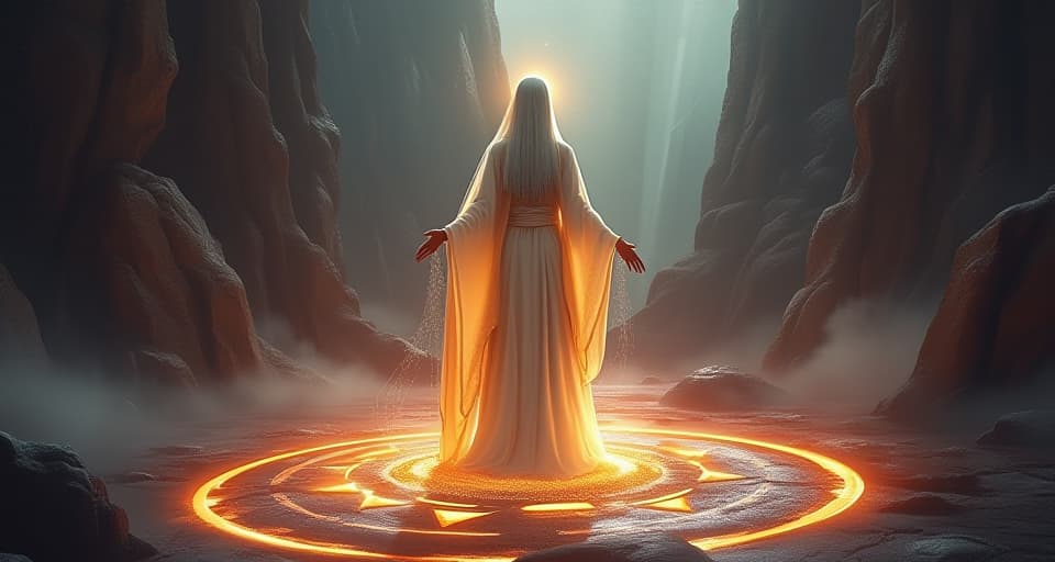  a chosen one with bright, luminescent robes, standing serenely in an ancient, sacred circle, drawing upon the glowing energy lines within the earth. grounding, powerful.. the style is digital art illustration,highly detailed, whimsical,magical, dreamlike atmosphere, realism and fantasy blend, smooth, glossy textures,luminous quality, wonder and enchantment.