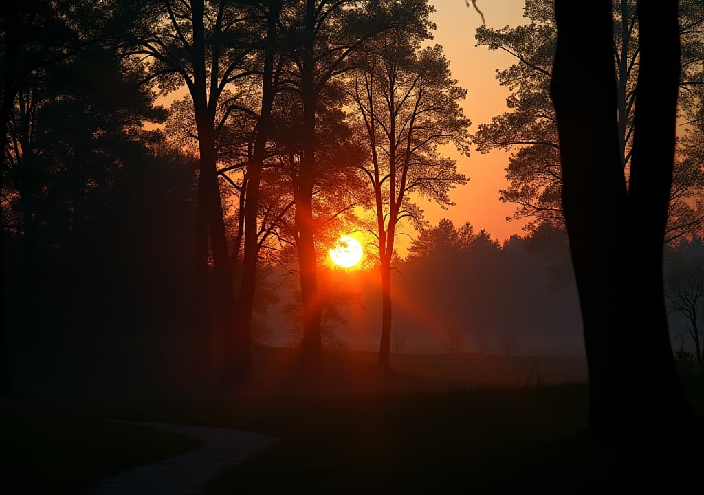  wide total shot, camera is far away, dark fantasy look, sunset light, sun is shinig through trees