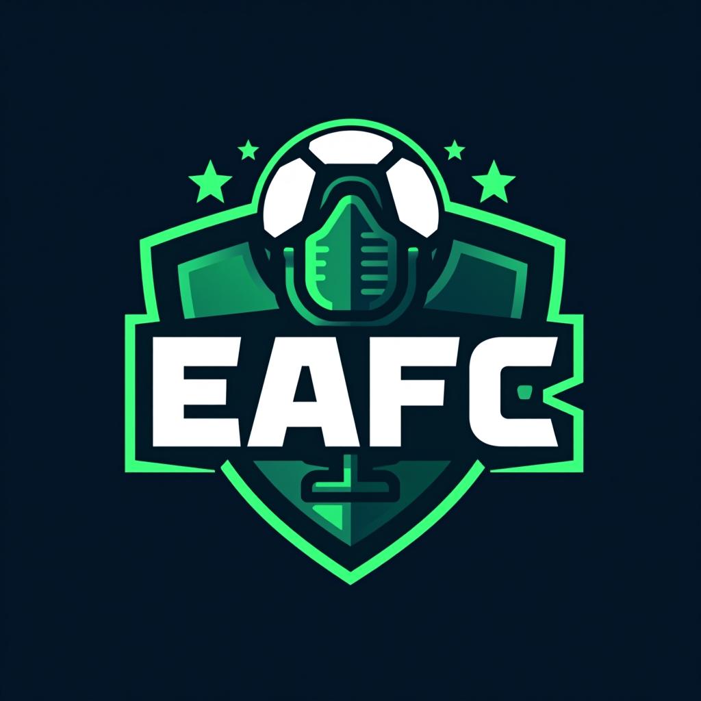  design a logo, "crear un logo que represente nuestra cuenta de youtube enfocada en contenido relacionado con eafc, podcast, reviews del juego y jugadores del mismo. incluir las iniciales de los creadores : j, f y n de forma creativa. incorporar elementos como un balón de fútbol, un micrófono y estrellas para representar podcast, reviews y calidad respectivamente. utilizar una paleta de colores energética con tonos de verde oscuro, azul y blanco, y una tipografía moderna con un ligero toque deportivo. el logo debe transmitir dinamismo, pasión por el fútbol y modernidad. se valora la originalidad y la capacidad de representar claramente nuestra temática de contenido."