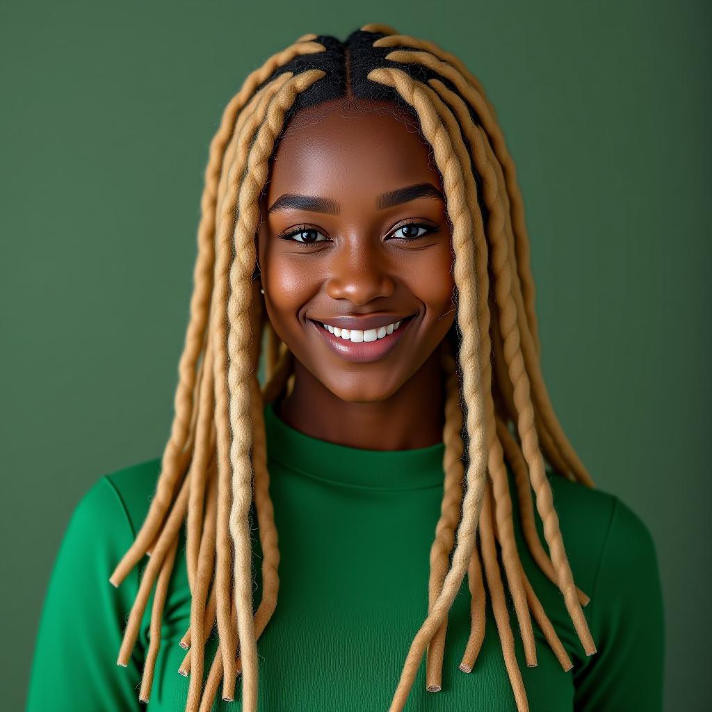  make an image of a women with blonde dreads wearing green