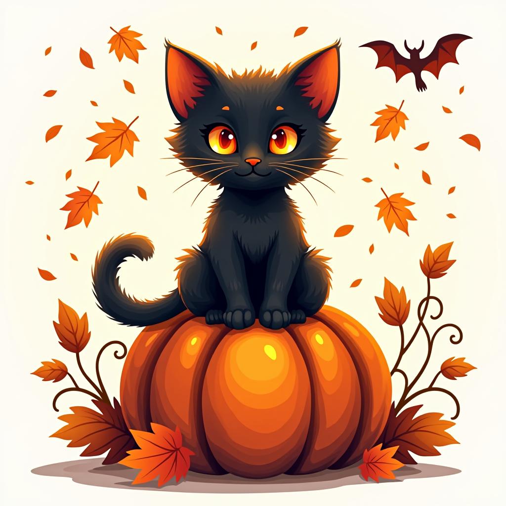  a cute black cat with glowing eyes sitting on a pumpkin, surrounded by swirling autumn leaves in a whimsical style, with warm, moody lighting. t shirt design, vector, contour, white background, no mockup hyperrealistic, full body, detailed clothing, highly detailed, cinematic lighting, stunningly beautiful, intricate, sharp focus, f/1. 8, 85mm, (centered image composition), (professionally color graded), ((bright soft diffused light)), volumetric fog, trending on instagram, trending on tumblr, HDR 4K, 8K