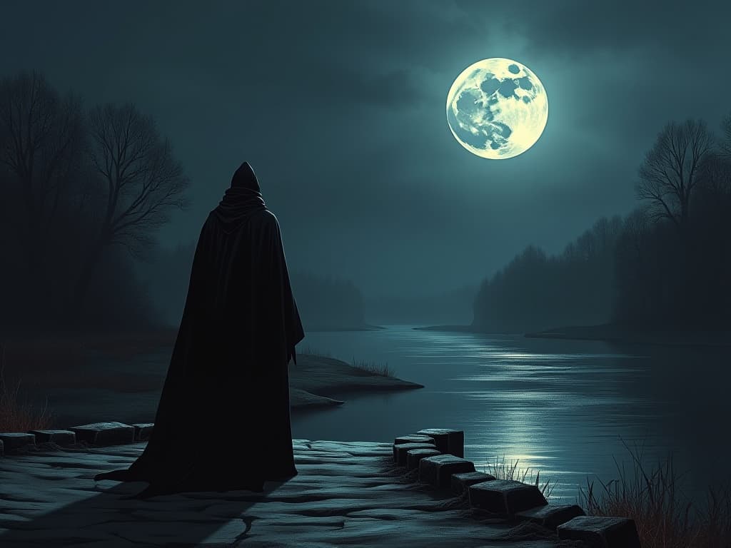  somber figure standing alone on a bridge at night, overlooking a dark river, cold and desolate, moonlight casting long shadows. the style is dark fantasy and mysterious occult, symbolic, moody lighting, esoteric vibe,high detail on character design. for the color scheme emphasize blacks and reds.