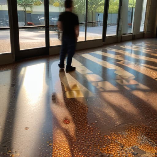 A photo of a skilled terrazzo artisan delicately polishing a multicolored terrazzo floor masterpiece in a spacious, sun-filled warehouse in late afternoon with warm, golden sunlight streaming in through large windows, casting dramatic shadows and highlighting the intricate details of the mosaic design.