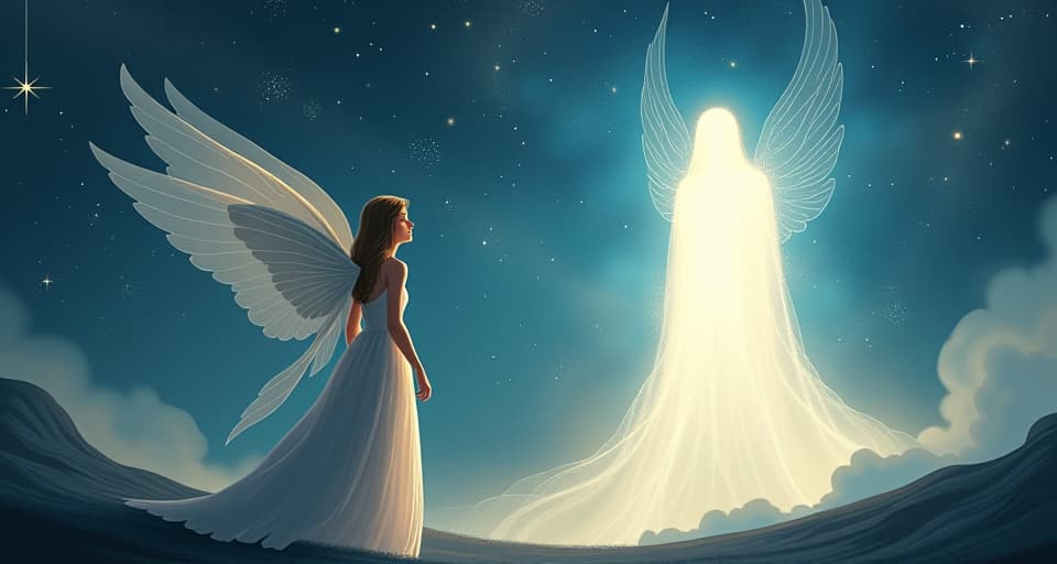  an ethereal being with translucent wings, standing under a canopy of stars, speaking directly to a divine figure enveloped in light. the communication flows naturally, filled with divine connection.. the style is digital art illustration,highly detailed, whimsical,magical, dreamlike atmosphere, realism and fantasy blend, smooth, glossy textures,luminous quality, wonder and enchantment.