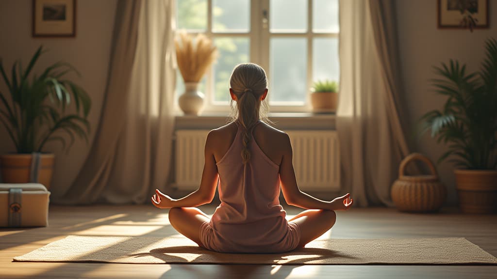  woman in a cozy indoor space practicing mindfulness while sitting on the floor, high quality, high details, hd, perfect composition, 4k epic detailed, highly detailed, sharp focus, high resolution