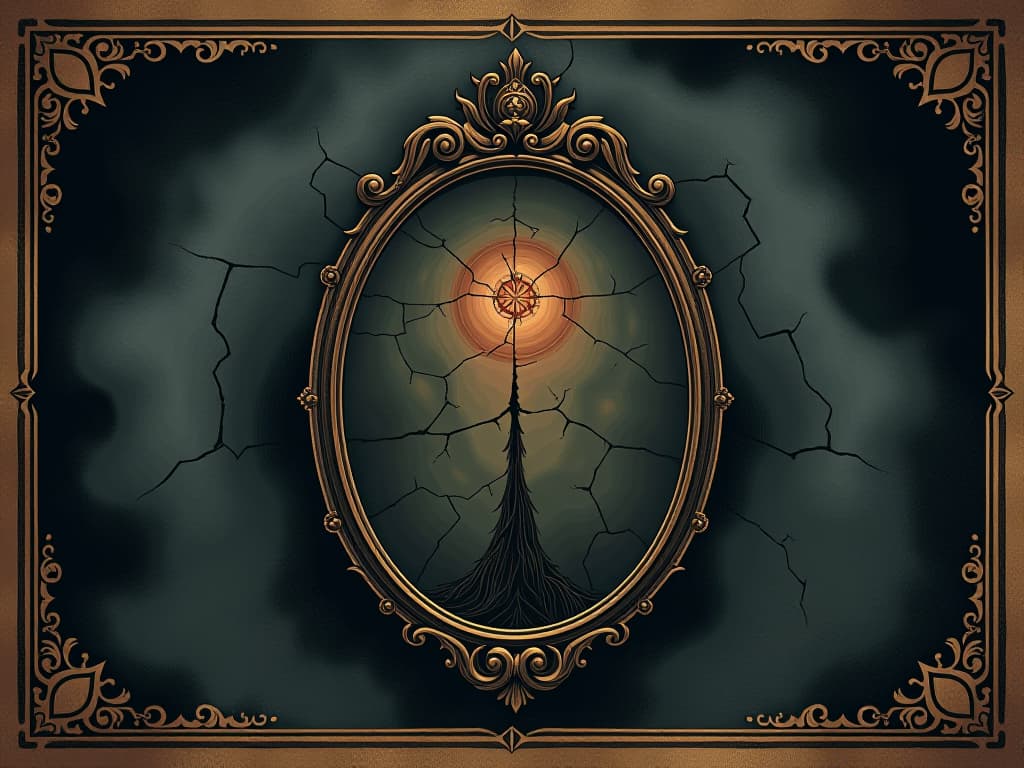  negative energy emanates from a dark, cracked mirror, heavy shadows surrounding it, distorting the space, oppressive and unsettling atmosphere. an illustration in the style of a worn, mystical old tarot trump card, mysterious and elements of surrealism. the colors are muted, somber and eerie, but with contrast bring out an occult and esoteric vibe.