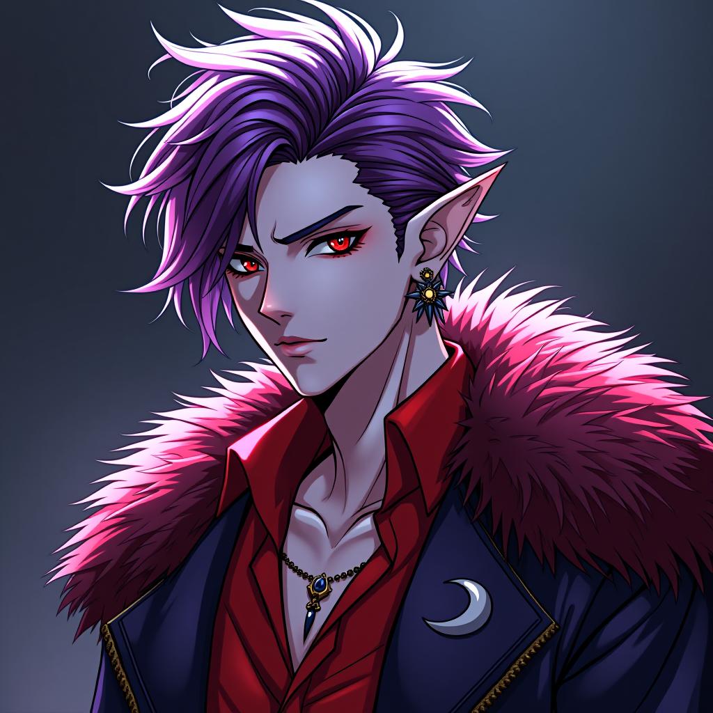  manga style dark elf male rock performer marble white skin, purple scarlet hair, lavender eyes with a red tint, dressed in a red violet shirt embroidered with red gold over the shirt wears a leather coat with a fur collar of dark scarlet, hairstyle in the style of hedgehog hair. an earring in the right ear, in the shape of a month. the crescent moon tattoo . vibrant, high energy, detailed, iconic, japanese comic style hyperrealistic, full body, detailed clothing, highly detailed, cinematic lighting, stunningly beautiful, intricate, sharp focus, f/1. 8, 85mm, (centered image composition), (professionally color graded), ((bright soft diffused light)), volumetric fog, trending on instagram, trending on tumblr, HDR 4K, 8K