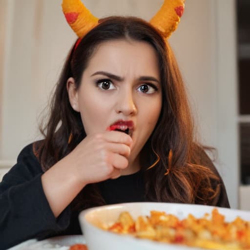 Elena stuffing her mouth eating Cheetos with horns and very very evil