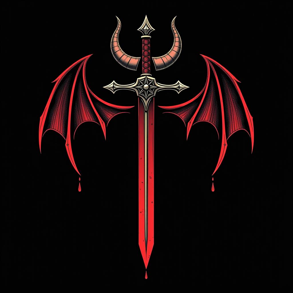  magic sign logo gothic devil cross sword on a black background with blood inscription devla.