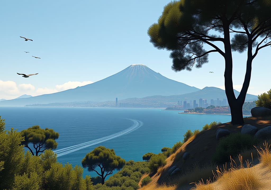  grand theft auto ps3 screenshot of the gulf of naples, with mount vesuvius and a pine. the composition is beautiful. naples seafront can be seen from far away.