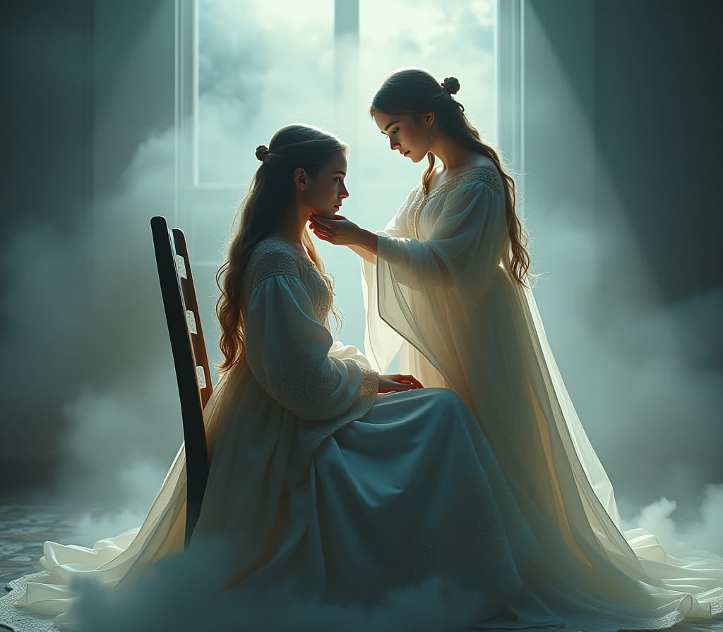  ethereal fantasy concept art of a girl is sitting on a chair and another girl is standing and braiding her hair from behind, side view . magnificent, celestial, ethereal, painterly, epic, majestic, magical, fantasy art, cover art, dreamy hyperrealistic, full body, detailed clothing, highly detailed, cinematic lighting, stunningly beautiful, intricate, sharp focus, f/1. 8, 85mm, (centered image composition), (professionally color graded), ((bright soft diffused light)), volumetric fog, trending on instagram, trending on tumblr, HDR 4K, 8K