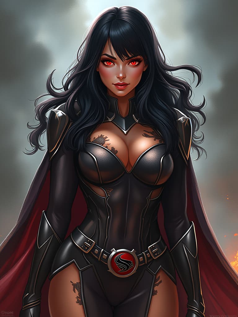  super girl, dark hair, curvy, large chest, torn costume, laser red eyes