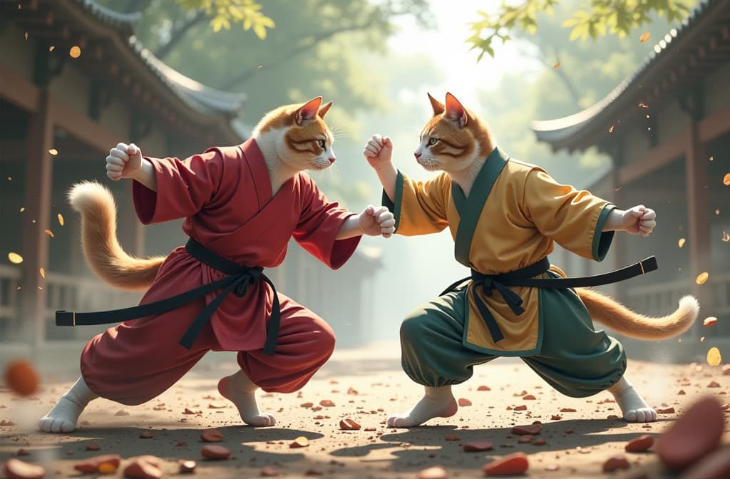  a fast action scene with realistic cats praticing martial arts in japan, anime concept art by hayao miyazaki, featured on pixiv, fantasy art, concept art, official art, high detailed hyperrealistic, full body, detailed clothing, highly detailed, cinematic lighting, stunningly beautiful, intricate, sharp focus, f/1. 8, 85mm, (centered image composition), (professionally color graded), ((bright soft diffused light)), volumetric fog, trending on instagram, trending on tumblr, HDR 4K, 8K