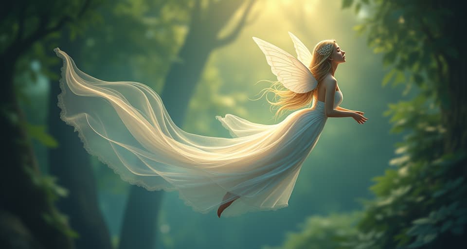  ethereal being in shimmering attire, floating near an enchanted forest, gentle aura, radiating soft light, presence ethereal and calming. the style is digital art illustration,highly detailed, whimsical,magical, dreamlike atmosphere, realism and fantasy blend, smooth, glossy textures,luminous quality, wonder and enchantment.