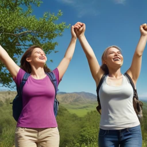 A photorealistic image of a healthy smiling man and woman with their arms up in excitement hiking in a beautiful serene area with a deep blue sky and greenery