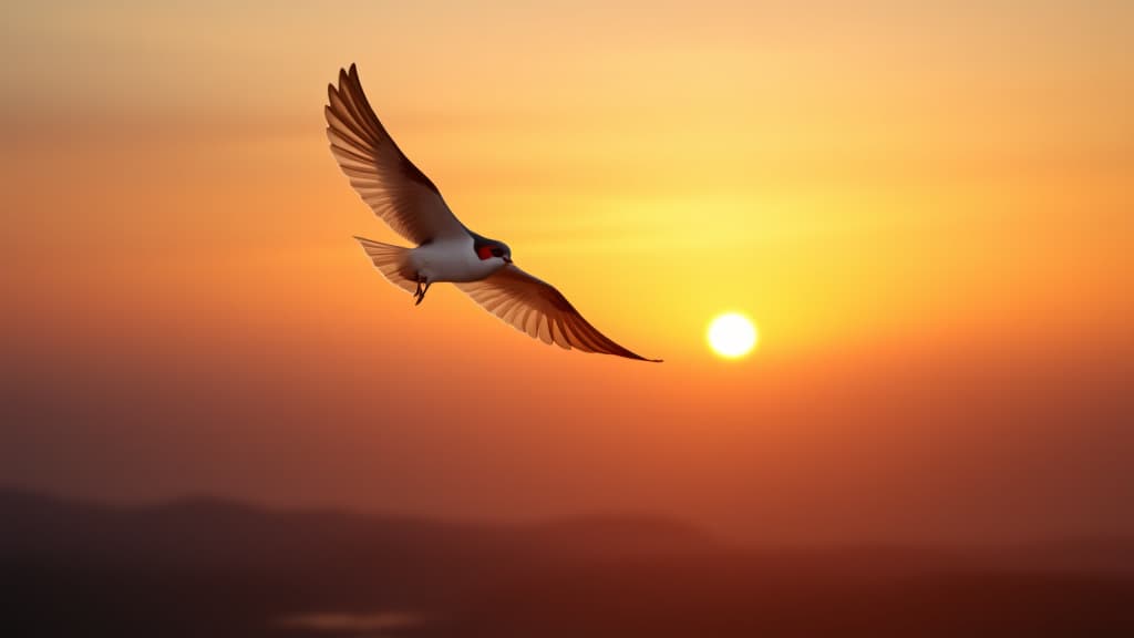  graceful swallow in flight over a serene landscape at dawn, high quality, high details, hd, perfect composition, 4k epic detailed, highly detailed, sharp focus, high resolution