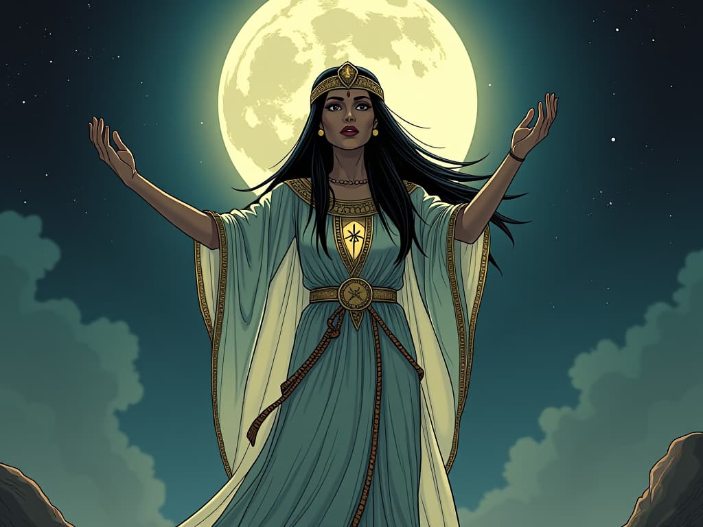  ancient egyptian high priestess in sheer robes, standing under the full moon, hands raised in invocation, becoming embodiment of divine potential. the style is digital art illustration / modern comic book / mysterious occult, symbolic, esoteric vibe,high detail on character design, incorporating ancient egyptian symbology and attire.