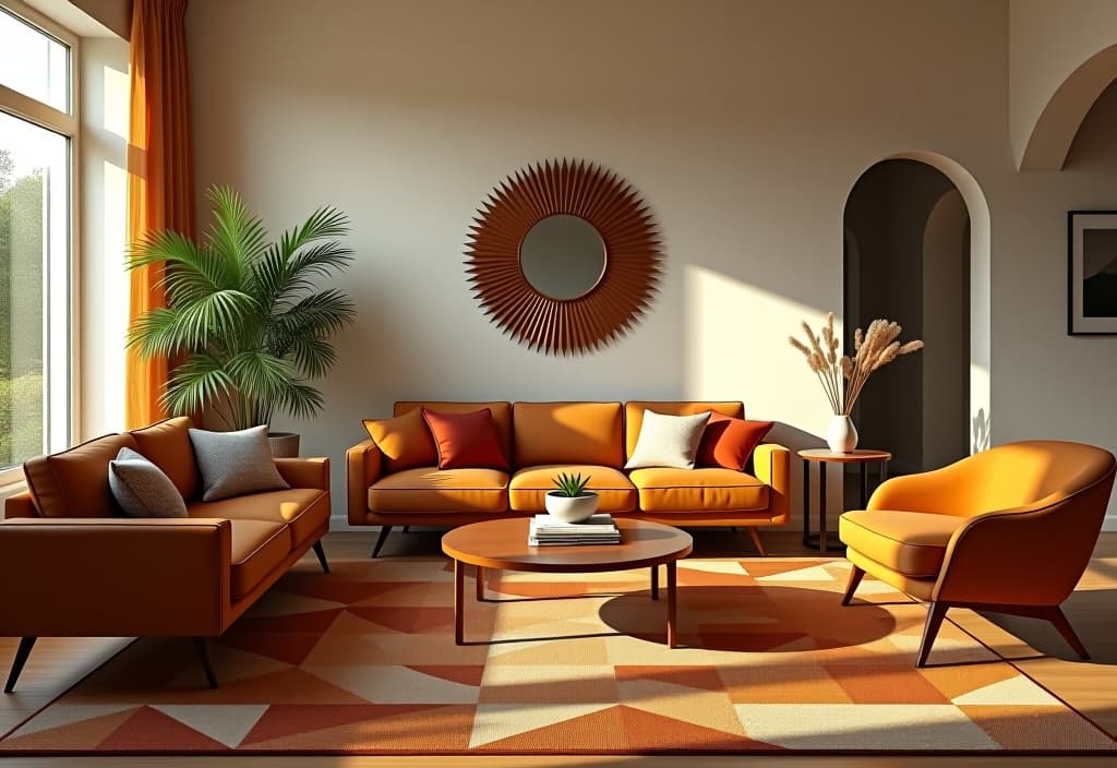  a landscape photo of a mid century modern living room featuring iconic furniture pieces, a sunburst mirror, and a bold geometric area rug in earth tones hyperrealistic, full body, detailed clothing, highly detailed, cinematic lighting, stunningly beautiful, intricate, sharp focus, f/1. 8, 85mm, (centered image composition), (professionally color graded), ((bright soft diffused light)), volumetric fog, trending on instagram, trending on tumblr, HDR 4K, 8K