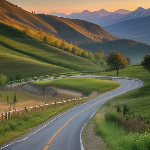 Mountains, trees, field, winding road, new car