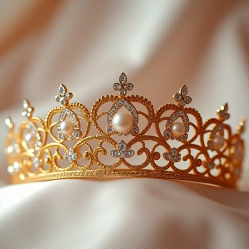  create an image with the following specifications: main subject: description: a close up of a bride's elegant gold tiara adorned with delicate pearls and sparkling diamonds. style: luxurious and glamorous. setting: location: bridal dressing room with soft, diffused lighting. composition: framing: tight close up focusing on the tiara, with a blurred background. style: art movement: contemporary fashion photography. technique: soft focus with emphasis on light reflections. atmosphere: mood: romantic and opulent. color palette: dominant colors: gold, ivory, soft pink. mood: warm and ethereal. details: foreground: intricate gold filigree work of the tiara with pearl and diamond accents. background: blurred ivory satin fabric with soft fo hyperrealistic, full body, detailed clothing, highly detailed, cinematic lighting, stunningly beautiful, intricate, sharp focus, f/1. 8, 85mm, (centered image composition), (professionally color graded), ((bright soft diffused light)), volumetric fog, trending on instagram, trending on tumblr, HDR 4K, 8K