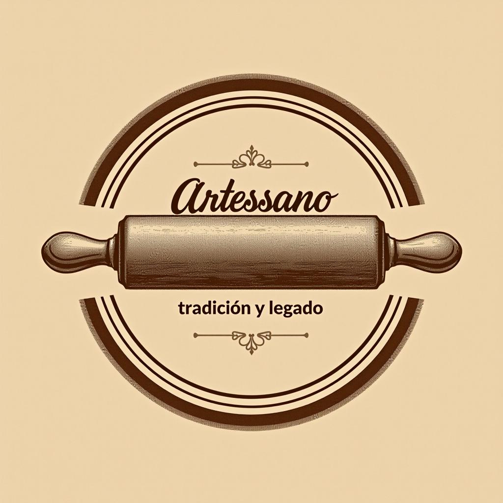  design a logo, in a pencil style. simple and elegant design circular design light and brown tones use a rolling pin image put the word “artessano” inside the image of the rolling pin, with the text 'tradición y legado'.