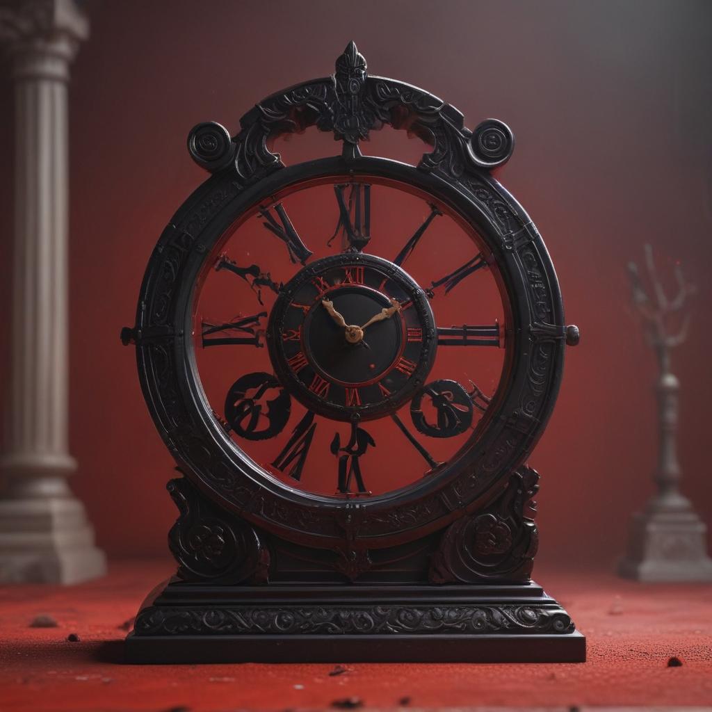 A transition shot with a time jump effect, showing a clock ticking for 1.5 seconds, symbolizing the passage of time and building suspense for the next twist in the story, stylized with swirling clock hands and ticking sound effects"in the style of classical Greek pottery art, with intricate black figures on a red background, depicting mythological scenes with a focus on gods and heroes, using a limited color palette of red, black, and white"This image is a breathtaking painting that captures the magical scene with vivid detail. The overall composition is spellbinding, showcasing a perfect harmony. photorealism fantasy, unreal engine 5, concept hyperrealistic, full body, detailed clothing, highly detailed, cinematic lighting, stunningly beautiful, intricate, sharp focus, f/1. 8, 85mm, (centered image composition), (professionally color graded), ((bright soft diffused light)), volumetric fog, trending on instagram, trending on tumblr, HDR 4K, 8K