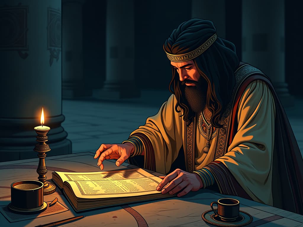  rumi's hand reaching for a scroll, his surroundings dark and quiet, a single candle illuminating the area, symbolizing the uncovering of poetic treasures. the style is digital art illustration / modern comic book / mysterious occult, symbolic, esoteric vibe,high detail on character design, incorporating ancient egyptian symbology and attire.