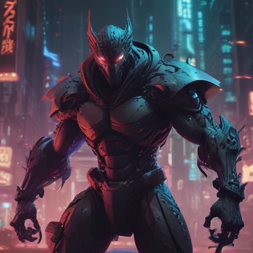 In a neon-lit cyberpunk cityscape, a figure cloaked in shadows delivers a swift and deadly kick to a towering, mechanical beast. The impact creates a burst of energy, causing the creature to recoil in pain. The figure's eyes gleam with determination as they unleash their powerful "PATADA TRAICIONERA," dealing 2 points of damage. The scene is dynamic and action-packed, with intricate details and vibrant colors reminiscent of Akina Fujiwara's signature style. fantastical creatures or characters inspired by mythology, folklore, or popular culture. use vibrant colors, sharp lines, intricate details, dynamic poses, dramatic lighting, atmospheric backgrounds, and blend anime, manga, and Western comic influences.