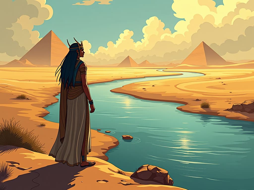  the nile river winding through the desert, smooth and calm, representing ease and natural alignment with core beliefs, serene and flowing. the style is digital art illustration / modern comic book / mysterious occult, symbolic, esoteric vibe,high detail on character design, incorporating ancient egyptian symbology and attire.