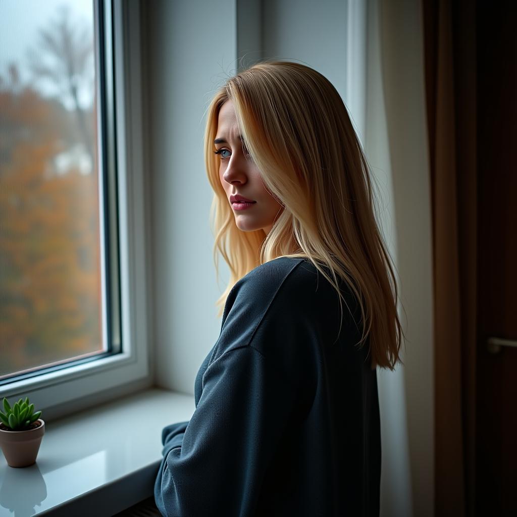  a blonde woman is deeply upset and disappointed, feeling bewildered by the fact that she is getting divorced from her husband with whom she has spent many years. she stands at home by the window, behind which autumn rain is falling, and inside her there is the same sadness, pain, and longing. she stands partially turned, and we see her beautiful but very sorrowful face. her emotions evoke sympathy in us.