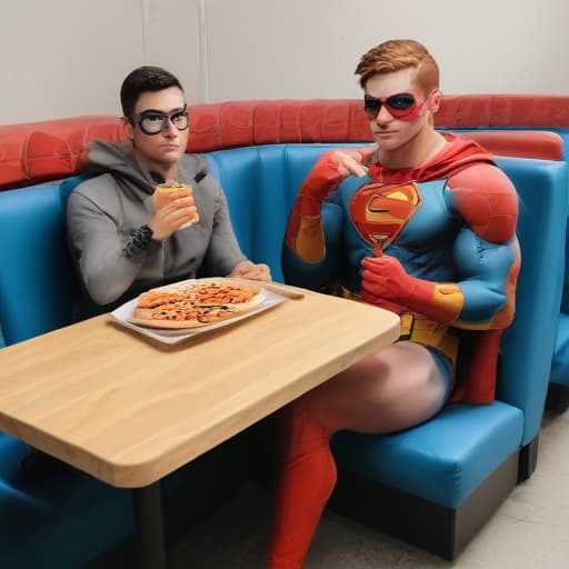 superhero seating and eating pizza