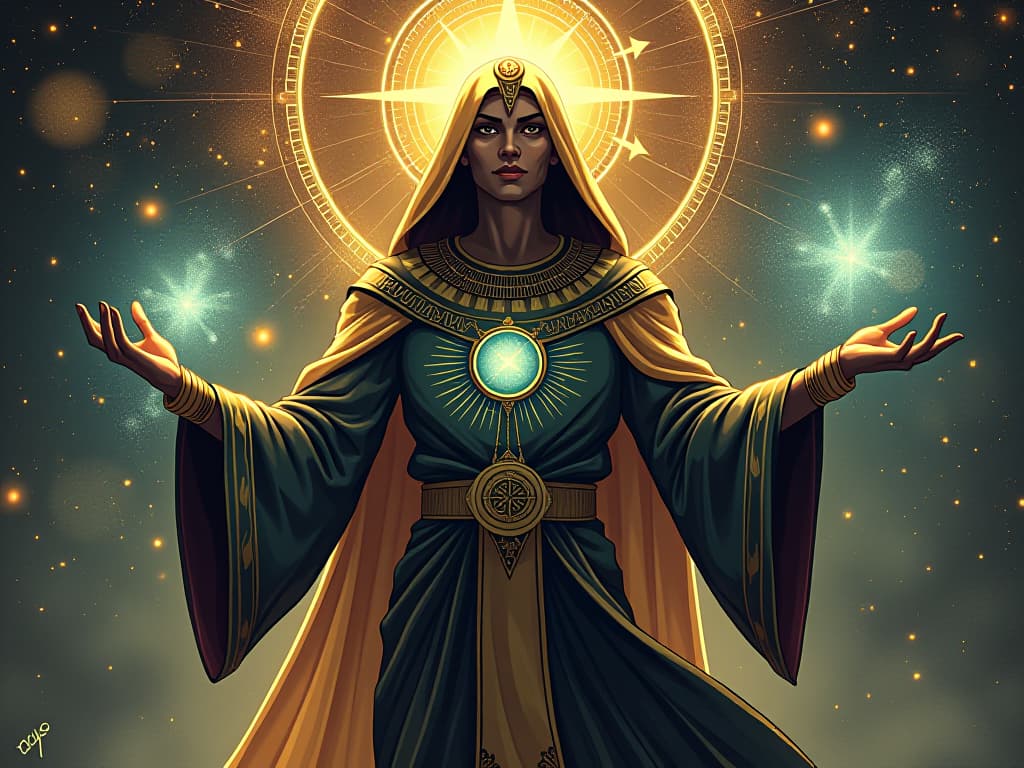  a figure in sacred vestments, manipulating cosmic blueprints, universe reshaping under their will, aura of divine precision. the style is digital art illustration / modern comic book / mysterious occult, symbolic, esoteric vibe,high detail on character design, incorporating ancient egyptian symbology and attire.