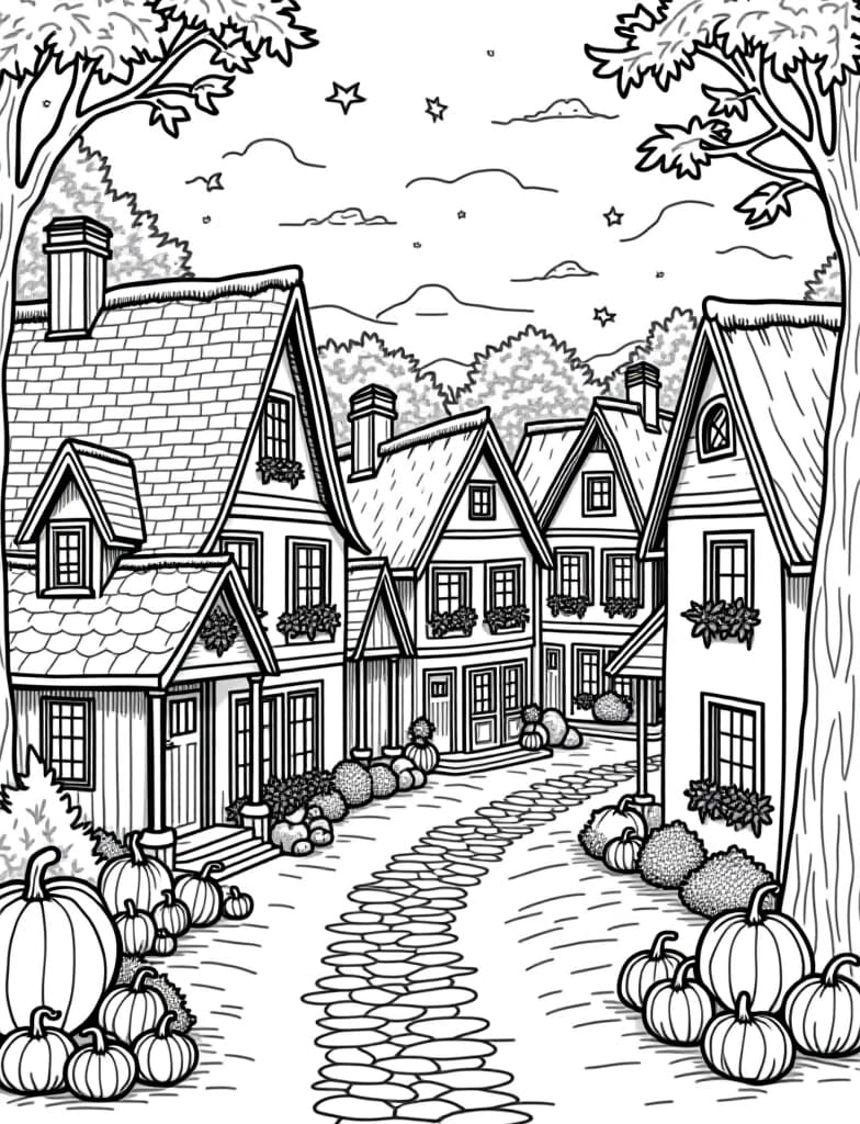  a quaint village with autumn decorations on every house, black and white line art on a white background, for an adult coloring page.