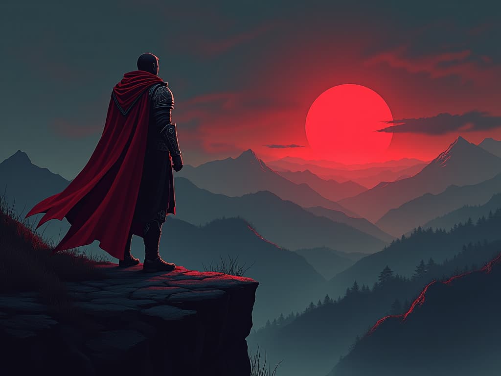  warrior with red armor, standing on cliff edge, looking towards horizon, rising sun in distance, calm determination. the style is digital art illustration / modern comic book / graphic dark novel fantasy and mysterious occult, symbolic, moody lighting, esoteric vibe,high detail on character design. for the color scheme emphasize blacks and reds.