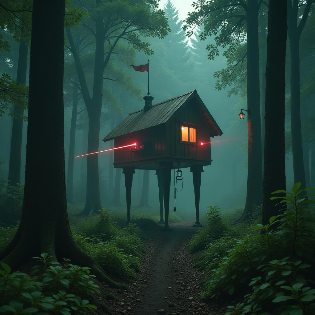  stop frame. the near plan. dark atmosphere. the at st step trip with two laser cannons in the form of a hut on long chicken legs walks through the green forest past trees with long trunks. image in the style of star wars.