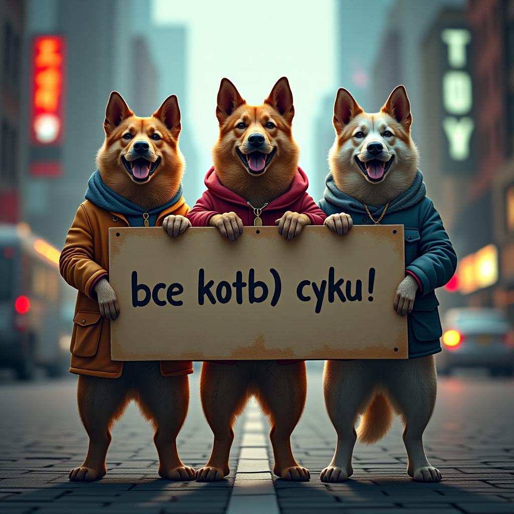  a group of big dogs stand on their hind legs, holding a sign that reads "bce kotb| cyku!" in graffiti style, against the backdrop of a city landscape. hyperrealistic, full body, detailed clothing, highly detailed, cinematic lighting, stunningly beautiful, intricate, sharp focus, f/1. 8, 85mm, (centered image composition), (professionally color graded), ((bright soft diffused light)), volumetric fog, trending on instagram, trending on tumblr, HDR 4K, 8K