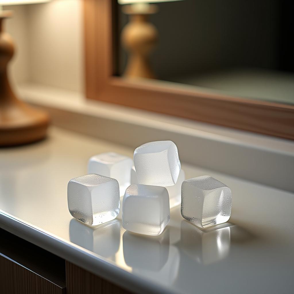  ice cubes are lying on the dressing table near the mirror.