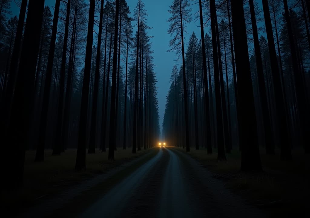  hiking path in a dark forest at night surrounded by tall dead trees with open rural street far in the distance