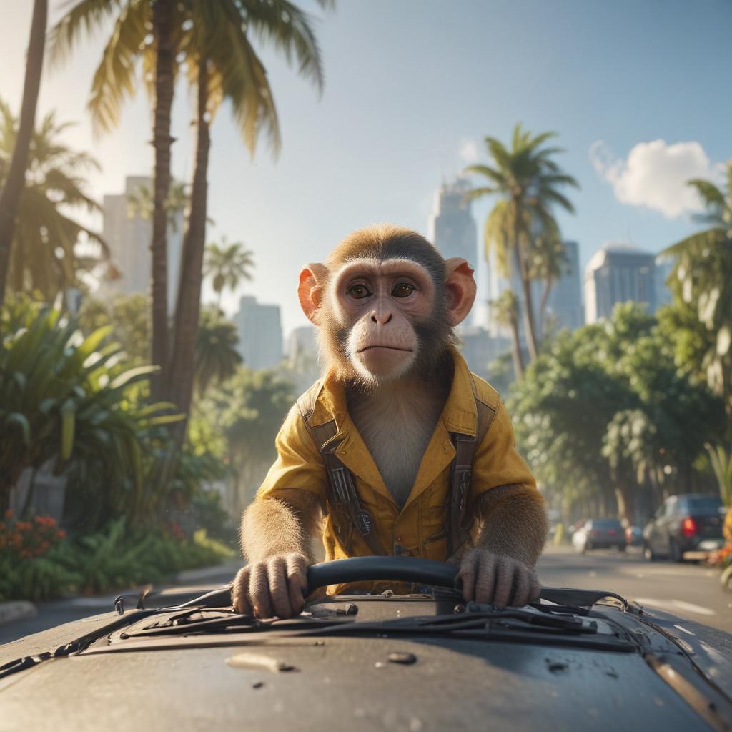 ((masterpiece)),(((best quality))), 8k, high detailed, ultra detailed,A monkey driving a car, banana trees (in the background), sunny day, city skyline hyperrealistic, full body, detailed clothing, highly detailed, cinematic lighting, stunningly beautiful, intricate, sharp focus, f/1. 8, 85mm, (centered image composition), (professionally color graded), ((bright soft diffused light)), volumetric fog, trending on instagram, trending on tumblr, HDR 4K, 8K