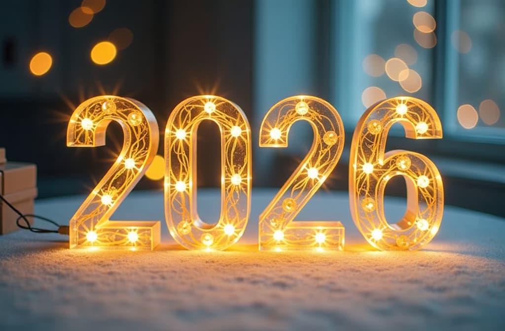  real estate photography style transparent glass golden glowing text “2026”, neon golden glowing lights, christmas gift, festive blurred pastel blue background ar 3:2 . professional, inviting, well lit, high resolution, property focused, commercial, highly detailed