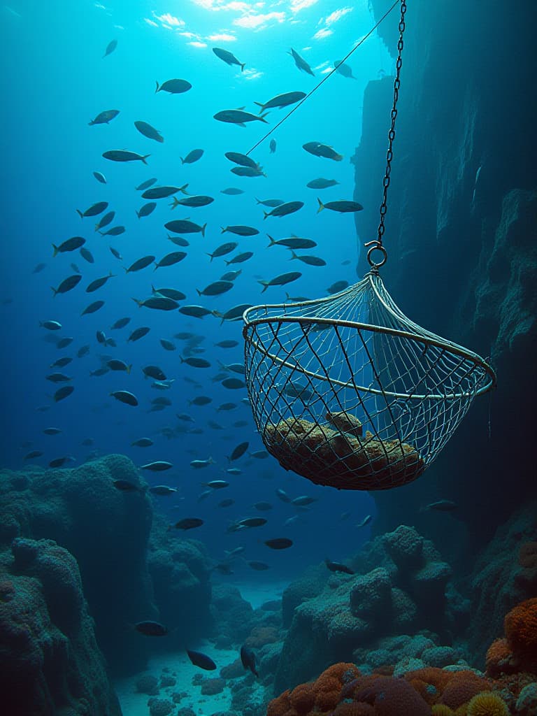  many fish are trapped in nets, bottom coral reefs