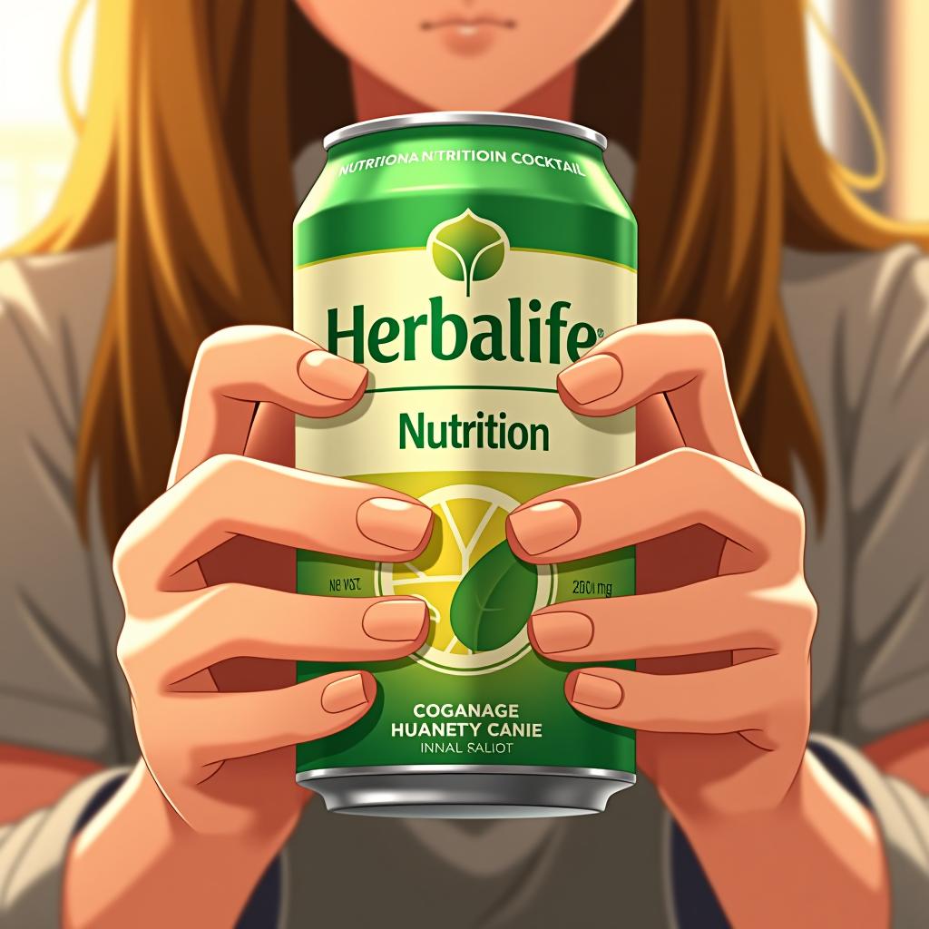  a herbalife nutrition cocktail can in fiona's hands, anime style.