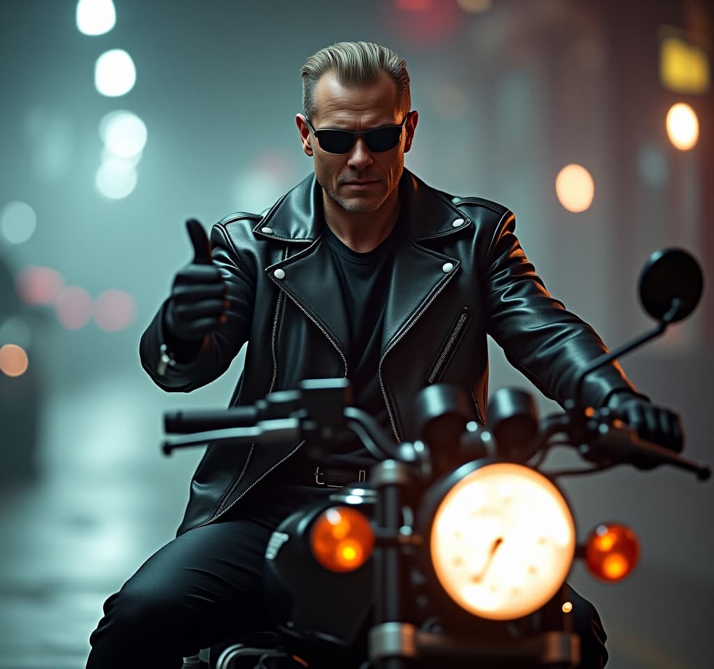  terminator in a leather jacket, sitting on a cool bike, showing a thumb up. hyperrealistic, full body, detailed clothing, highly detailed, cinematic lighting, stunningly beautiful, intricate, sharp focus, f/1. 8, 85mm, (centered image composition), (professionally color graded), ((bright soft diffused light)), volumetric fog, trending on instagram, trending on tumblr, HDR 4K, 8K