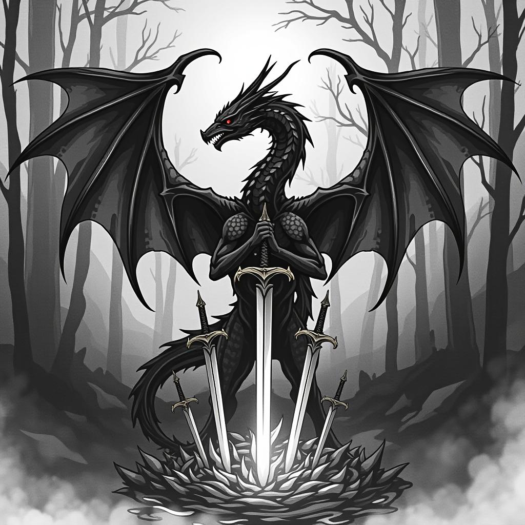  tattoo sketch, black dragon surrounded by swords of dark energy, forest, dark fantasy, gothic, realistic